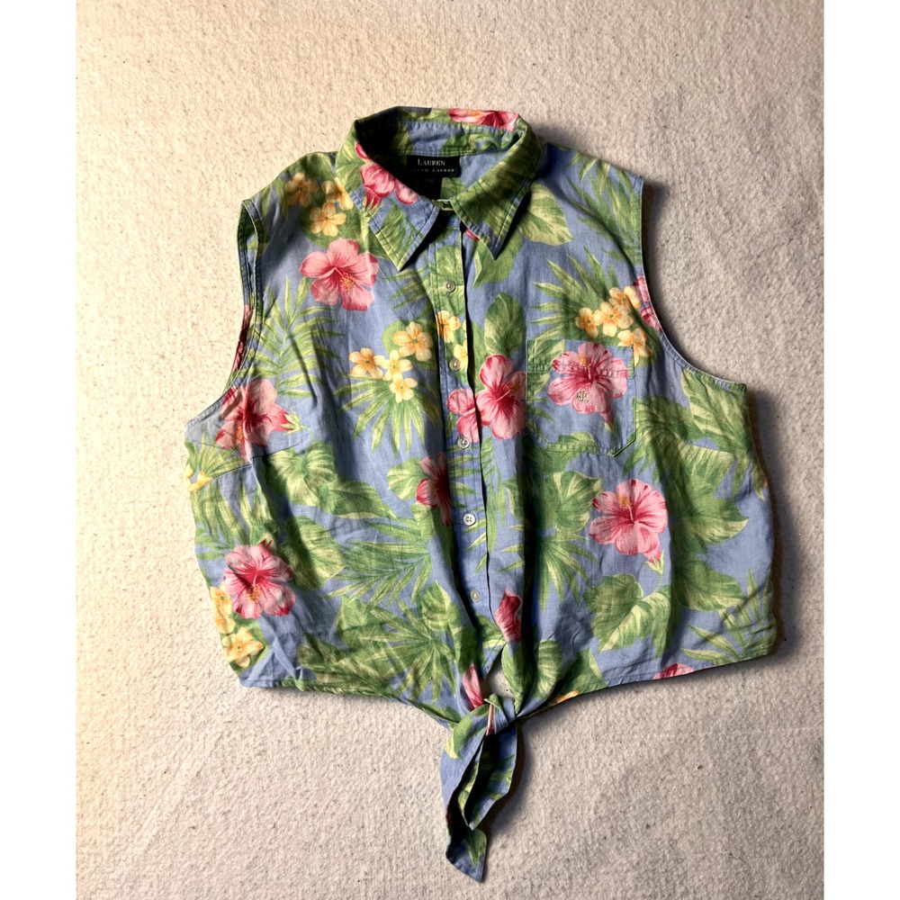 Lauren Ralph Lauren 100% Linen Blouse Womens 18W Tropical Floral Print Tie Front